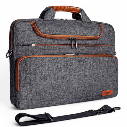 16" Grey Laptop Bag for Men – Water-Resistant, Slim Briefcase with Cognac Accents