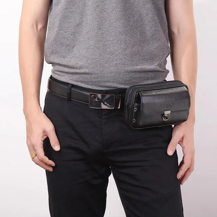 Men’s Premium Leather Waist Bag – Compact Belt Bag with Multiple Zippered Pockets for Everyday Use