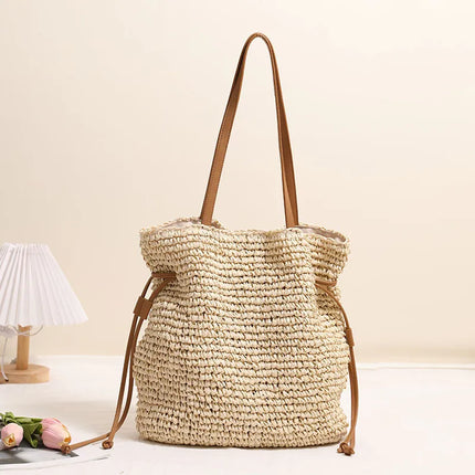Women's Straw Beach Tote Bag – Large Woven Handbag with Leather Handles for Summer
