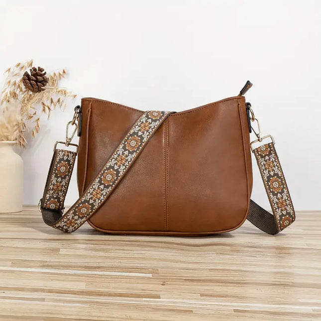 Vegan Leather Shoulder Bag with Wide Printed Strap – Stylish & Comfortable Everyday Handbag