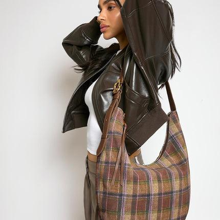 Vintage Plaid Hobo Bag – Brown & Green Checkered Shoulder Purse with Leather Accents