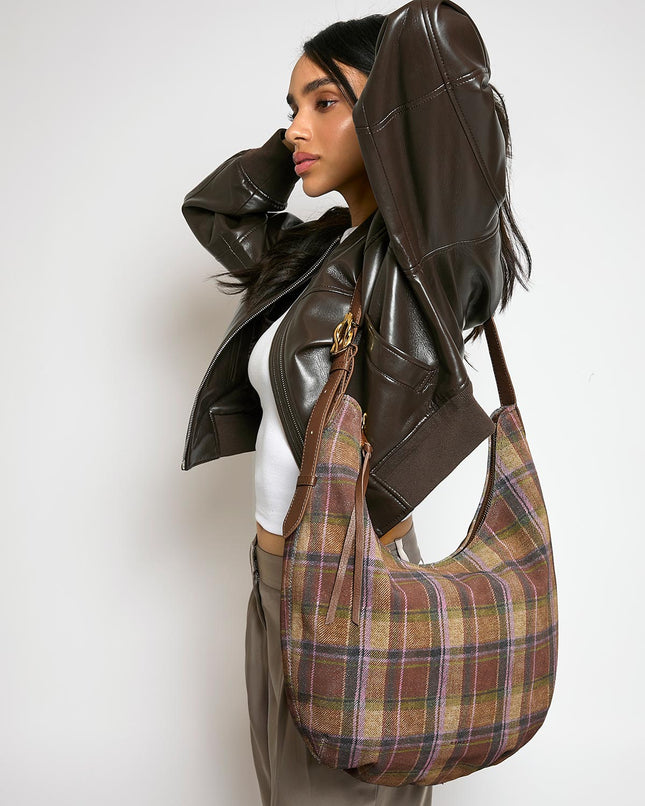 Vintage Plaid Hobo Bag – Brown & Green Checkered Shoulder Purse with Leather Accents