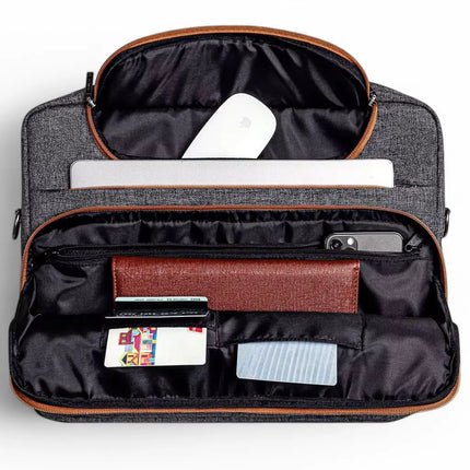 16" Grey Laptop Bag for Men – Water-Resistant, Slim Briefcase with Cognac Accents