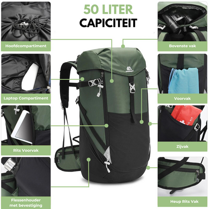 50L Waterproof Nylon Hiking Backpack – Durable, Comfortable, Multi-Compartment Design for Outdoor Adventures