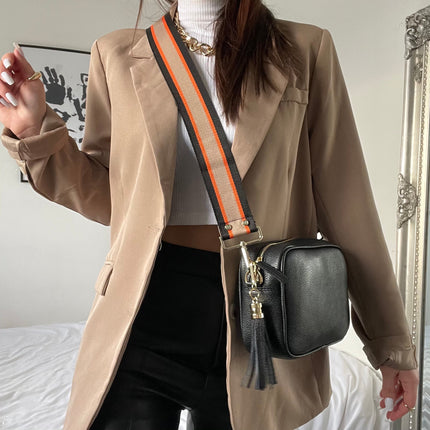Women’s Black Crossbody Bag with Orange Striped Strap – Stylish Faux Leather Shoulder Bag with Adjustable Strap & Tassel Accent