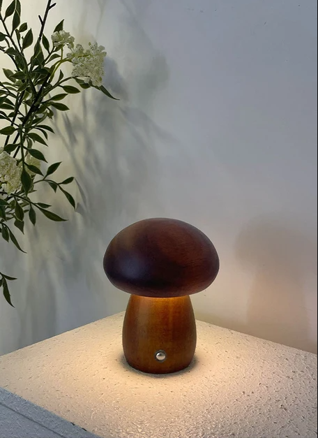 MiroBlüte Rechargeable Mushroom Table Lamp with Wooden Accents – Soft Warm LED Light for Home Decor