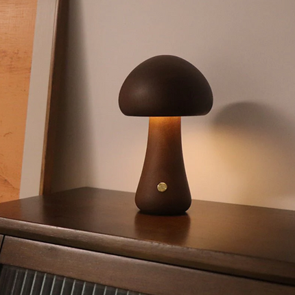 MiroBlüte Rechargeable Mushroom Table Lamp with Wooden Accents – Soft Warm LED Light for Home Decor