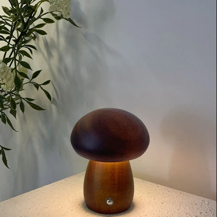 MiroBlüte Rechargeable Mushroom Table Lamp with Wooden Accents – Soft Warm LED Light for Home Decor