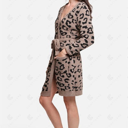 Luxe Leopard Print Microfiber Robe with Pockets & Belt – Ultra-Soft Loungewear for Women