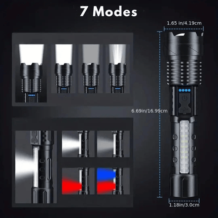 Rechargeable Tactical LED Flashlight – Waterproof, 7 Modes, Zoomable Focus, USB-C Charging