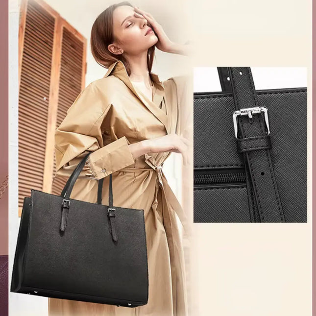 Waterproof 15.6″ Laptop Tote Bag – Elegant Black PU Leather Laptop Shopper