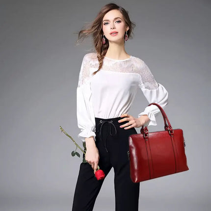 14-Inch Red Leather Laptop Bag for Women – Stylish & Practical Work Briefcase