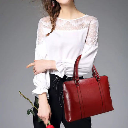14-Inch Red Leather Laptop Bag for Women – Stylish & Practical Work Briefcase