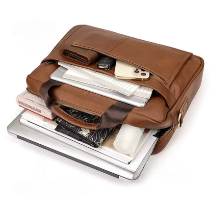 13-Inch Leather Laptop Bag for Men – Premium Cowhide Briefcase with Organizer