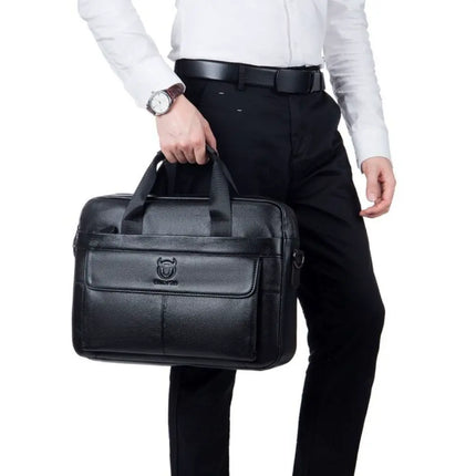 Premium 16-Inch Black Leather Laptop Bag for Men – Professional Briefcase with Padded Protection & Multiple Compartments