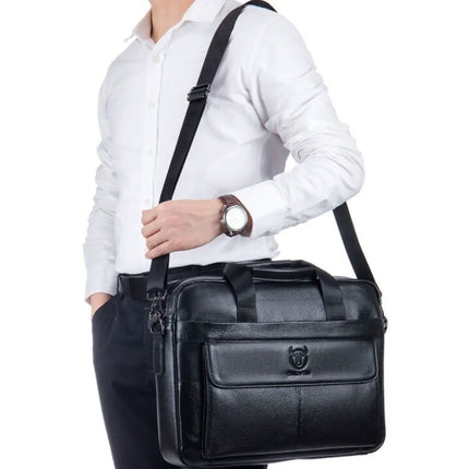 Premium 16-Inch Black Leather Laptop Bag for Men – Professional Briefcase with Padded Protection & Multiple Compartments