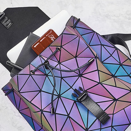 Reflective Holographic Backpack for Women – Adjustable Strap, Geometric Design, Glows in the Dark