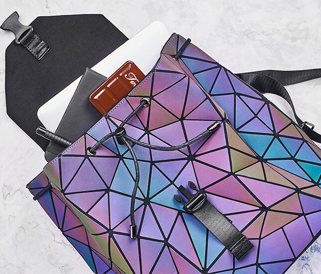 Reflective Holographic Backpack for Women – Adjustable Strap, Geometric Design, Glows in the Dark