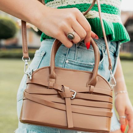 Brown Glossy Vegan Leather Handbag – Women’s Shoulder & Crossbody Bag with Layered Strap Detail
