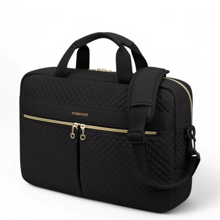 Elegant 16" Black Laptop Tote for Women – Gold Accents, Padded Protection, Adjustable Strap