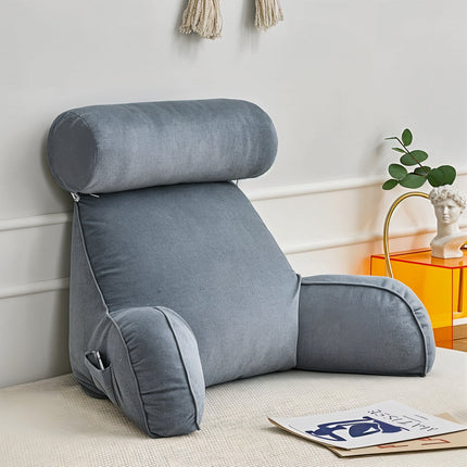 Ergonomic Backrest & Reading Pillow with Arms, Adjustable Headrest & Side Pocket – Soft Velour Washable Cover
