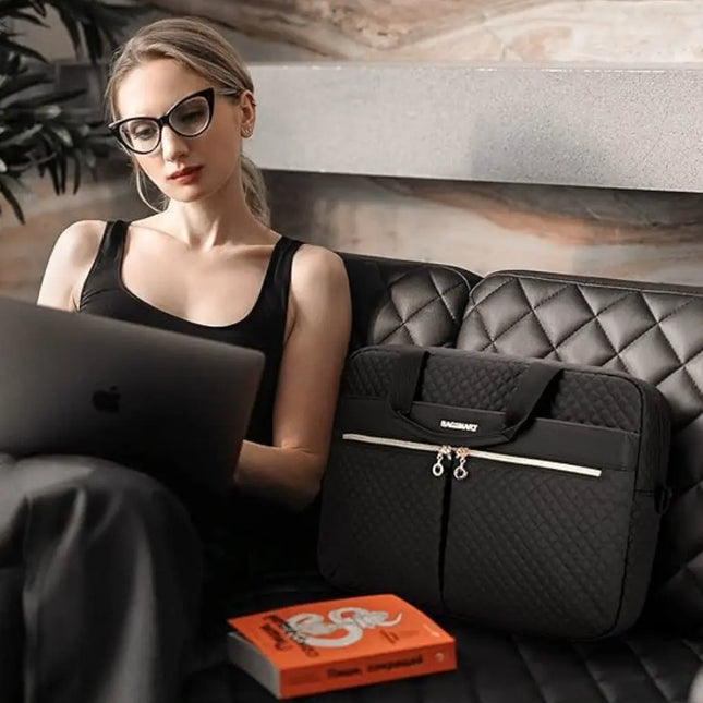 Elegant 16" Black Laptop Tote for Women – Gold Accents, Padded Protection, Adjustable Strap