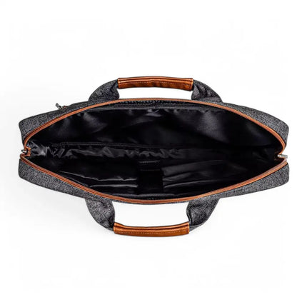 16" Grey Laptop Bag for Men – Water-Resistant, Slim Briefcase with Cognac Accents