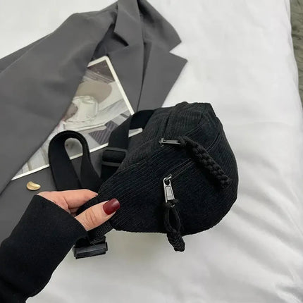 Minimalist Black Corduroy Crossbody Bag – Durable, Adjustable, Lightweight