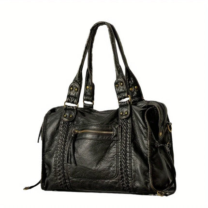 Black PU Leather Handbag With Metal Buckles – Stylish & Functional Women’s Everyday Bag