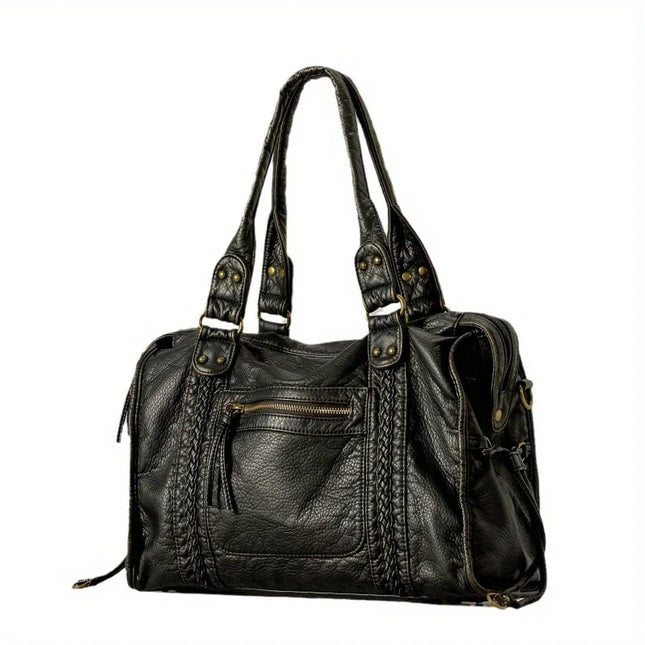 Black PU Leather Handbag With Metal Buckles – Stylish & Functional Women’s Everyday Bag