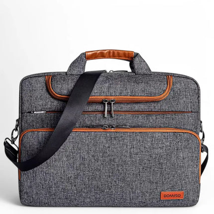 16" Grey Laptop Bag for Men – Water-Resistant, Slim Briefcase with Cognac Accents