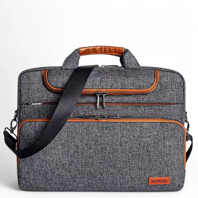 16" Grey Laptop Bag for Men – Water-Resistant, Slim Briefcase with Cognac Accents