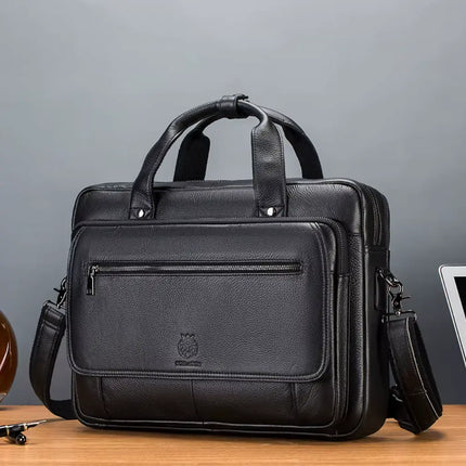 lack Leather Laptop Bag – Spacious Business Briefcase with Multiple Compartments