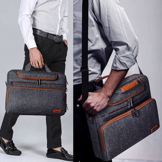 16" Grey Laptop Bag for Men – Water-Resistant, Slim Briefcase with Cognac Accents
