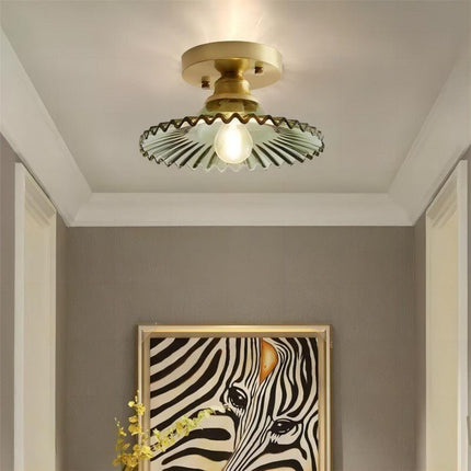 Retro Ribbed Glass Ceiling Light Fixture – Vintage Flush Mount Lamp with Clear Dome Shade