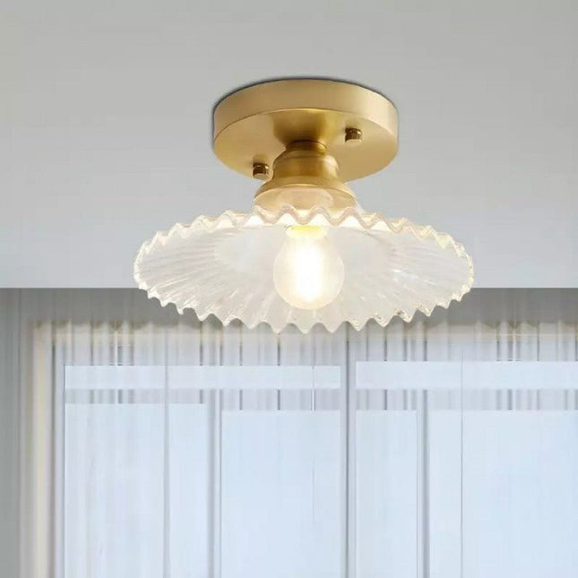 Retro Ribbed Glass Ceiling Light Fixture – Vintage Flush Mount Lamp with Clear Dome Shade