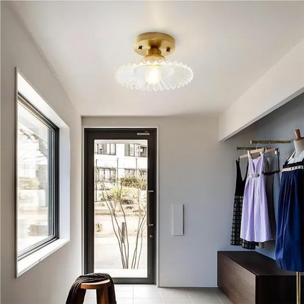 Retro Ribbed Glass Ceiling Light Fixture – Vintage Flush Mount Lamp with Clear Dome Shade