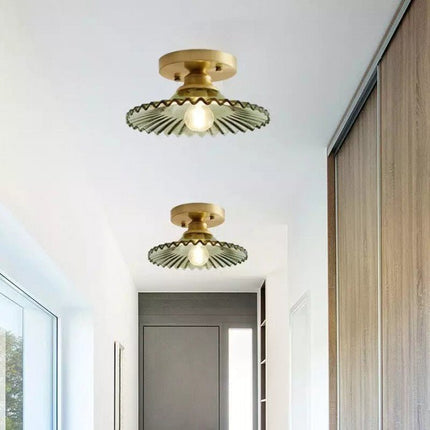 Retro Ribbed Glass Ceiling Light Fixture – Vintage Flush Mount Lamp with Clear Dome Shade